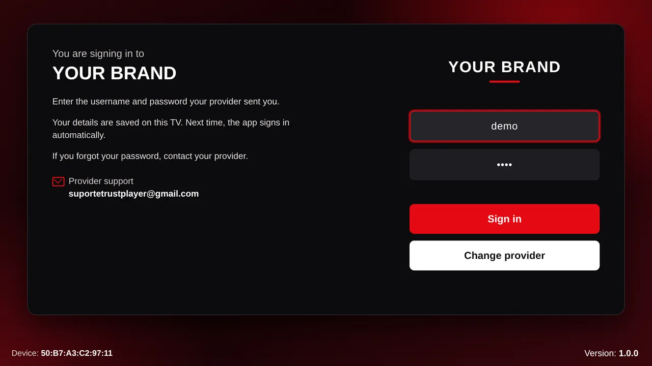 Sign-in screen on the TV
